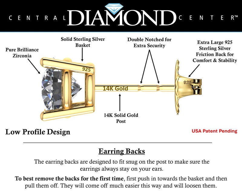 Central Diamond Center 14K Solid Gold Post & Sterling Silver Made with Swarovski 4 Prong CZ Stud Earrings - Yellow Gold Plated - 5.50mm - 1.50cttw - Image 2